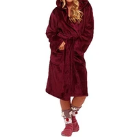 women hooded long robe coral fleece lingerie robe plain comfy pajamas thicken sleepwear night gown homewear