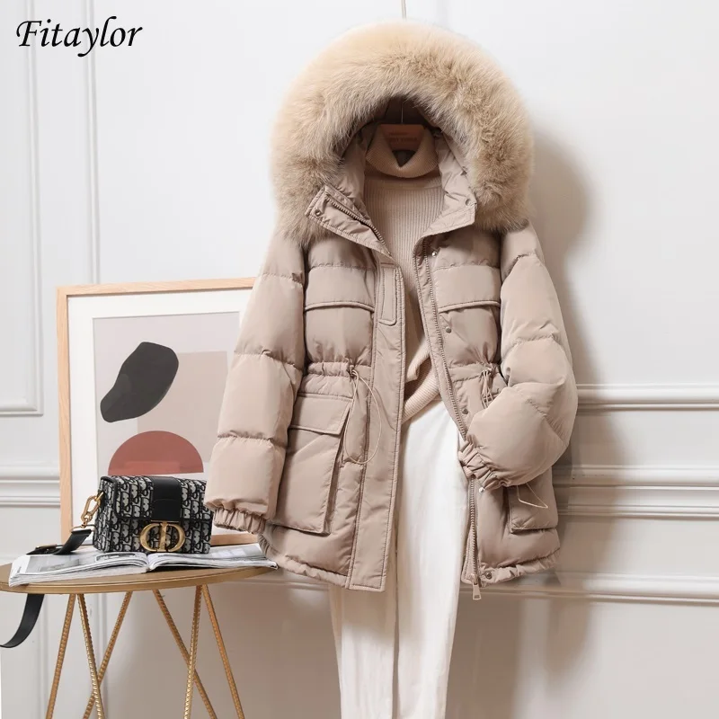 

Fitaylor Winter Women New Large Real Fur Collar Hooded Coats 90% White Duck Down Jacket Slim Warm Thick Parkas Overcoat