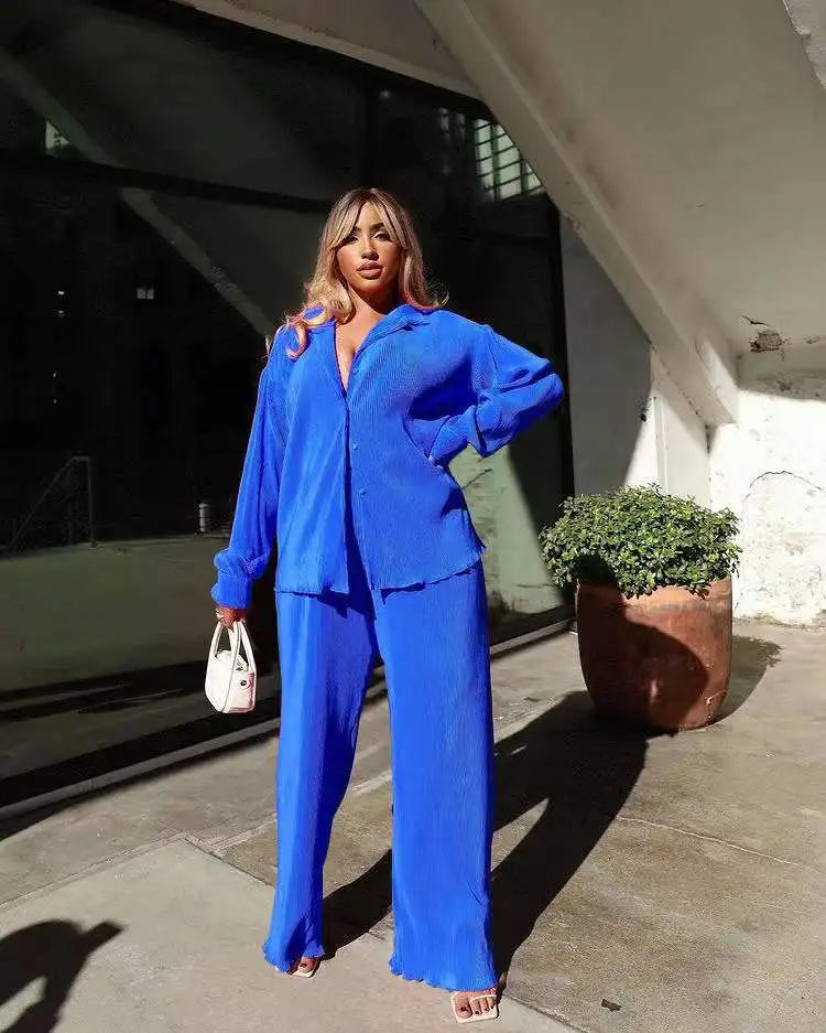 

Casual Fashion Woman Office Long Sleeve Shirt Top Business Suit Wide Leg Pants OL 2 Piece Set Y2k Street Fitness Blogger Outfits