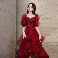 2022 new burgundy high low evening dresses for graduation sweetheart appliques tulle embroidery dress formal banquet prom gowns