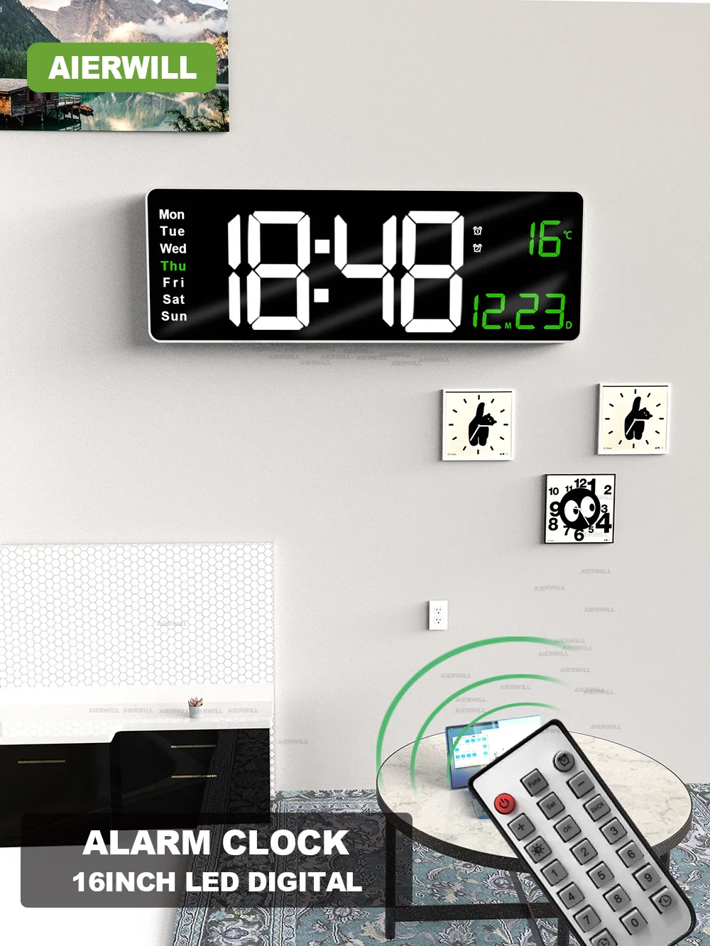 16inch Digital Wall Clock Large LED Alarm Clock Remote Contr