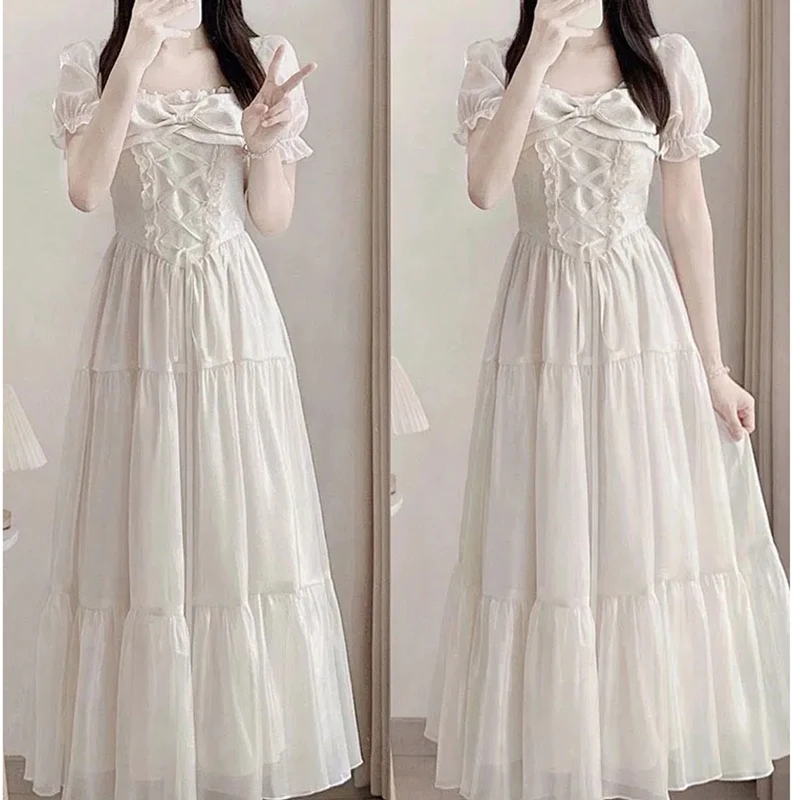 

SLPBELY 2023 Women'S Summer Dress French Retro Gentle Wind Lace Tie Bow Waist Thin Princess Fairy Skirt Evening Dresses