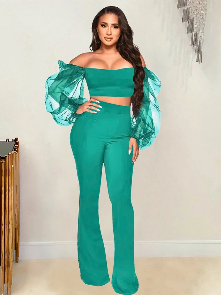 

2 Piece Sets Womens Outfits Elegant Tracksuit Mesh See Through Lantern Sleeve Crop Top and High Waist Flare Legging Matching Set