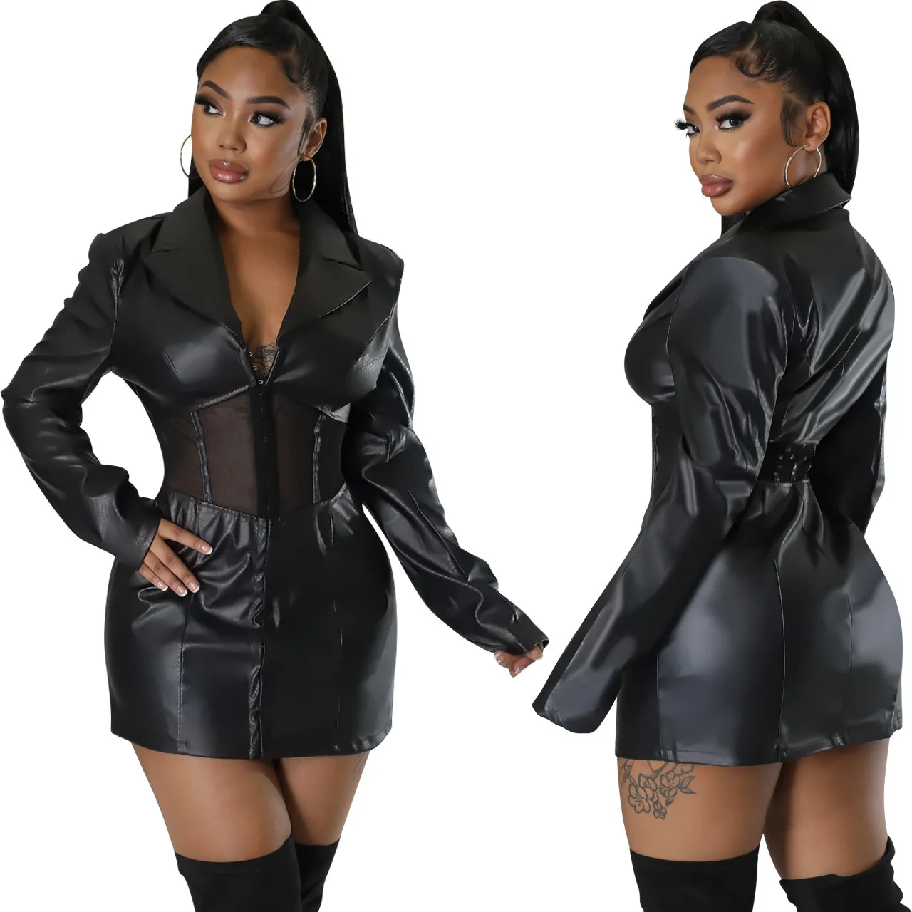 

Leather Jackets Women's Sexy Flocked Leather V-neck Mesh Patchwork Long Sleeved Waistband Leather Outerwear Coat Clothing