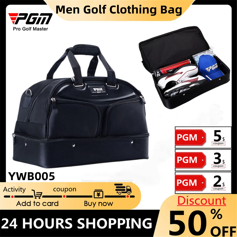PGM Golf Clothing Bag Portable Golf Bag Men'S Large-Capacity Double-Layer Nylon Pocket High-End Black Diagonal Handbag YWB005