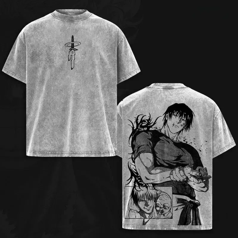 Фото Футболка Fushiguro Toji Jujutsu Kaisen в стиле аниме для мужчин, летняя, с коротким рукавом, хлопковая, винтажная, Y2K, с эффектом потертости №1