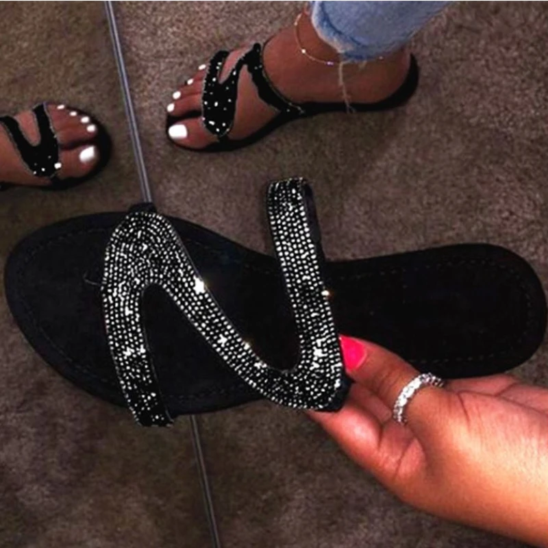 Sandali piatti moda scarpe estive donna 2022 strass Open Toe Plus Size pantofole da festa per il tempo libero all'aperto Chanclas Playa Mujer