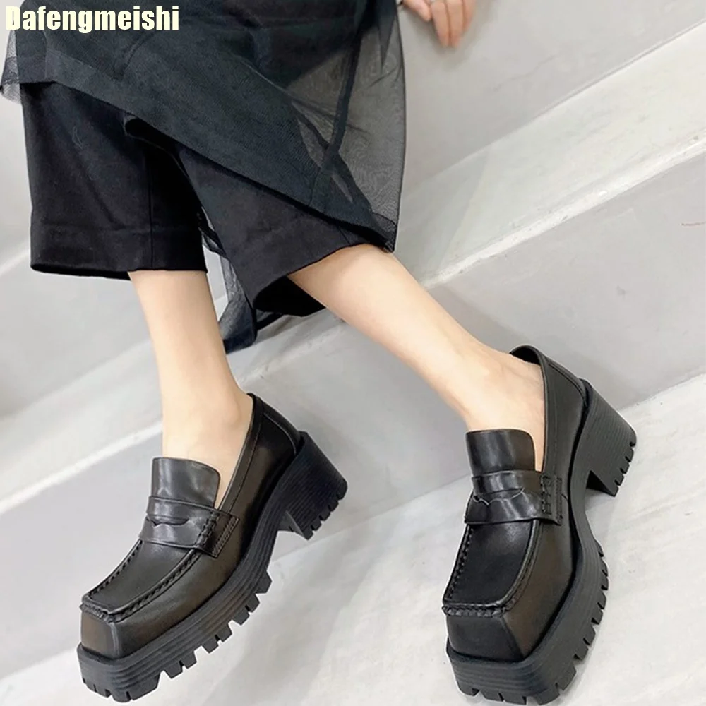 Женские/мужские черные кожаные лоферы на платформе с массивной подошвой и без