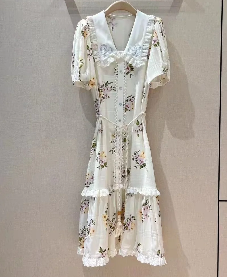 Top Quality Designer Fashion Summer Dress 2022 Women Peter Pan Collar Charming Floral Print Short Sleeve Mid-Calf Elegant Dress