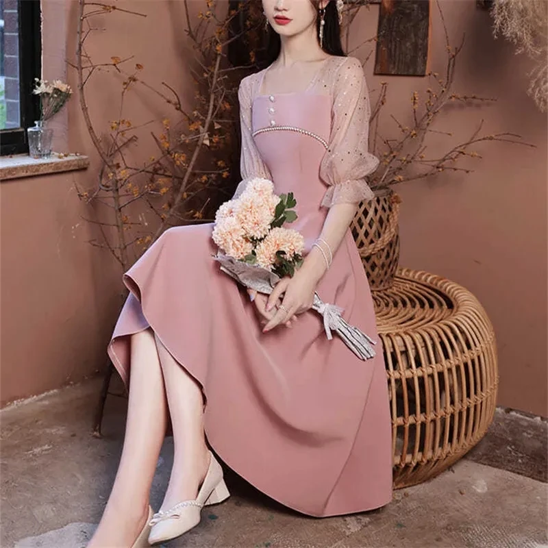 

Женское розовое платье, элегантная кружевная юбка-трапеция средней длины с бисером и квадратным вырезом, весна-лето, женская одежда A068