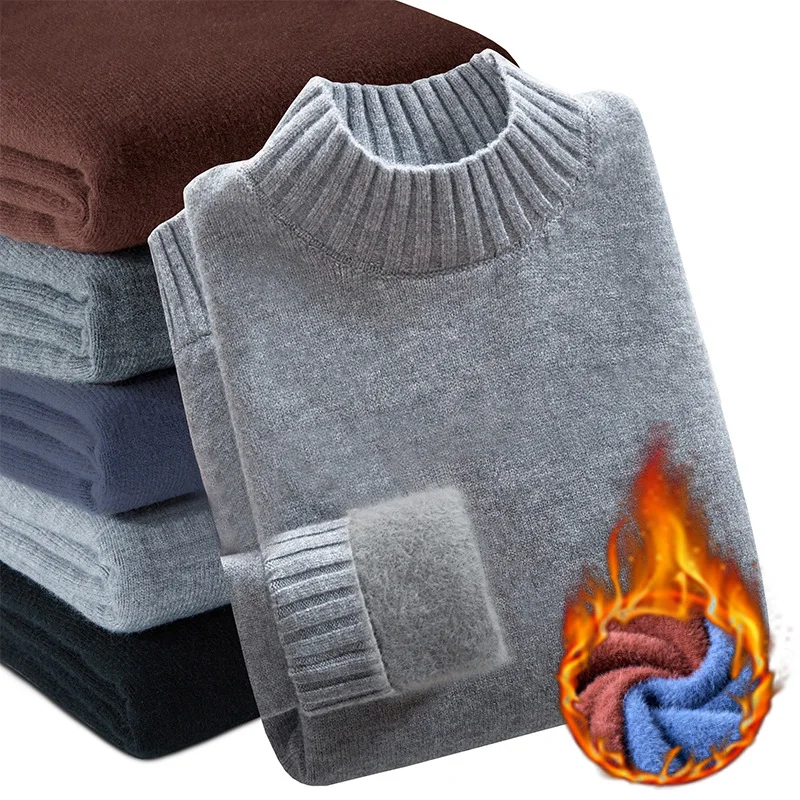 

Пуловер для молодых мужчин с высоким воротником плюшевый Универсальный кашемировый трикотаж зимний утепленный свитер средней длины базов...