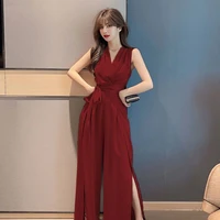women 2021 summer new ruched jumpsuits female elegant sexy sleeveless temperament simple party work style long jumpsuits u113