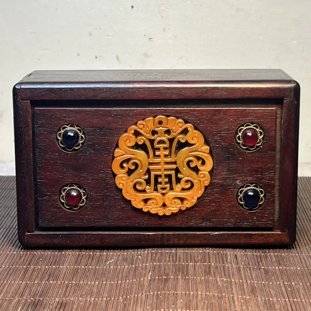 

Collect Exquisite Hand-carved Red Sandalwood Carving and Inlaid Gemstone Square Box Handicraft Home Decoration