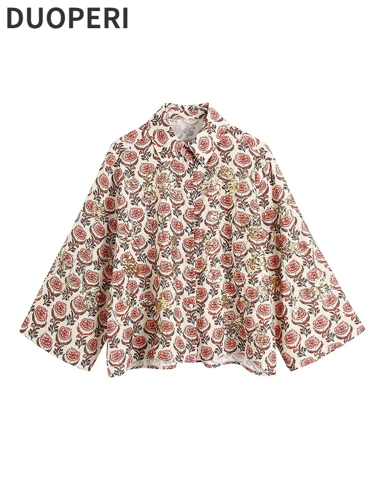 

DUOPERI Women Fashion Floral Printed Single Breasted Loose Blouses Lapel Neck Nine Point Sleeves Female Chic Lady Vintage Shirt