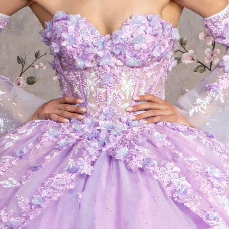 Платье принцессы кружевное с открытыми плечами бальное платье сиреневого цвета