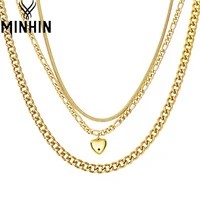 minhin 3 layered necklace chain gold color heart necklaces for women lover birthday party jewelry choker fashion cuban chains