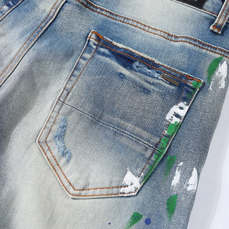 High Street Fashion Designer Men Jeans Retro Blue Stretch Skinny Ripped Jeans Men Button Fly Painted Patched Hip Hop Brand Pants