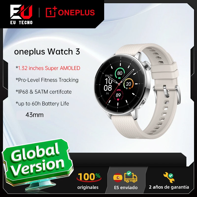 Global Version OnePlus Watch 3 43mm Smartwatch 1.32inches AMOLED Display Up to 60H Battery Life Wear OS by Google GPS NFC