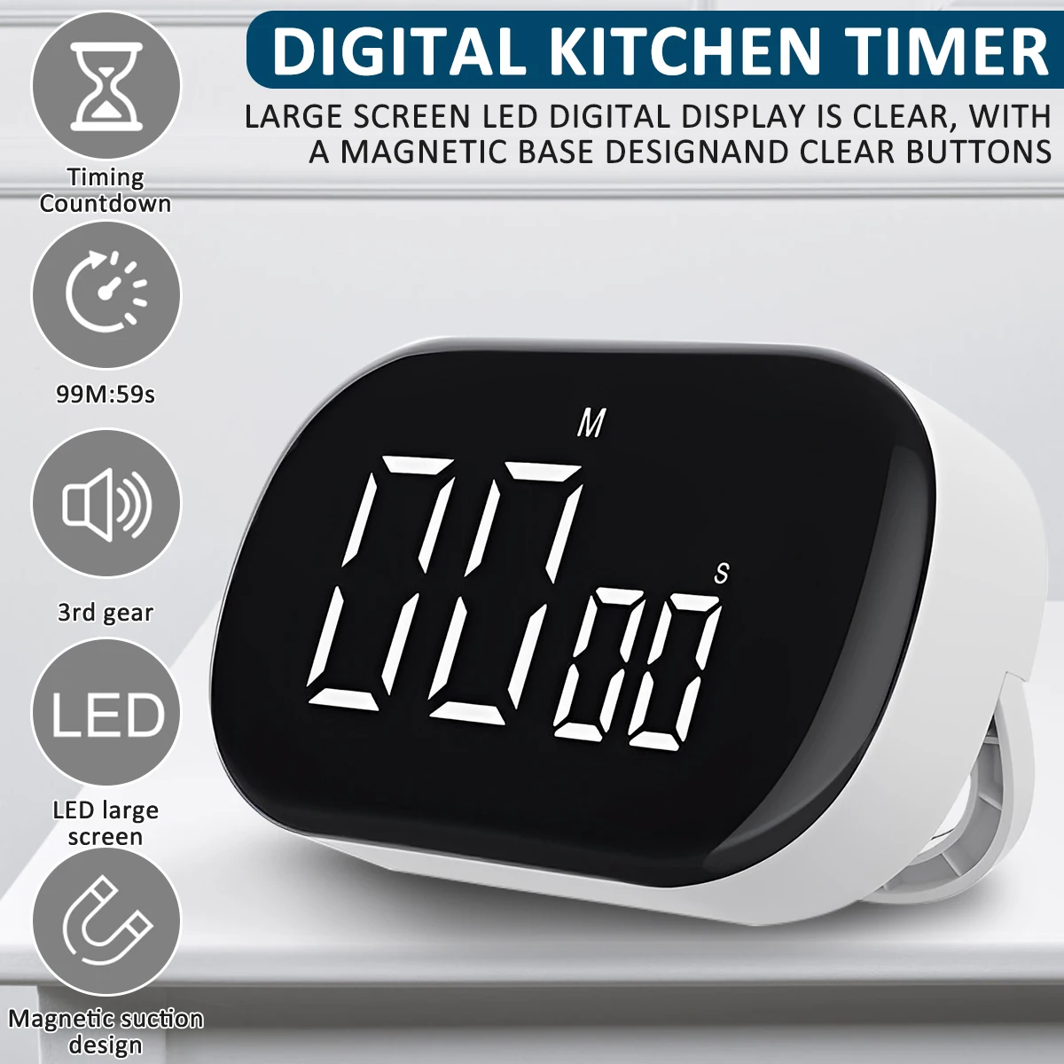 

Digital Kitchen Timer Magnetic Countdown Timer Stopwatch Alarm 3 Level Volume Adjustable Large LED Display Countdown Count Up