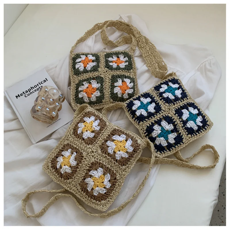 Hollow Straw Woven Handbag Women Shoulder Bags Bohemian Summer Beach Flower Ladies Travel Crossbody Storage Bag Fashion Totebag