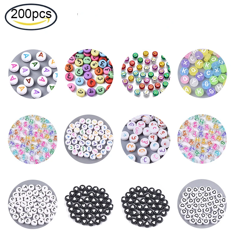 

200PC Transparent Frosted Acrylic Beads Horizontal Hole Flat Round with Random Initial Letter Mixed Color 7x3.5mm Hole:1.2mm
