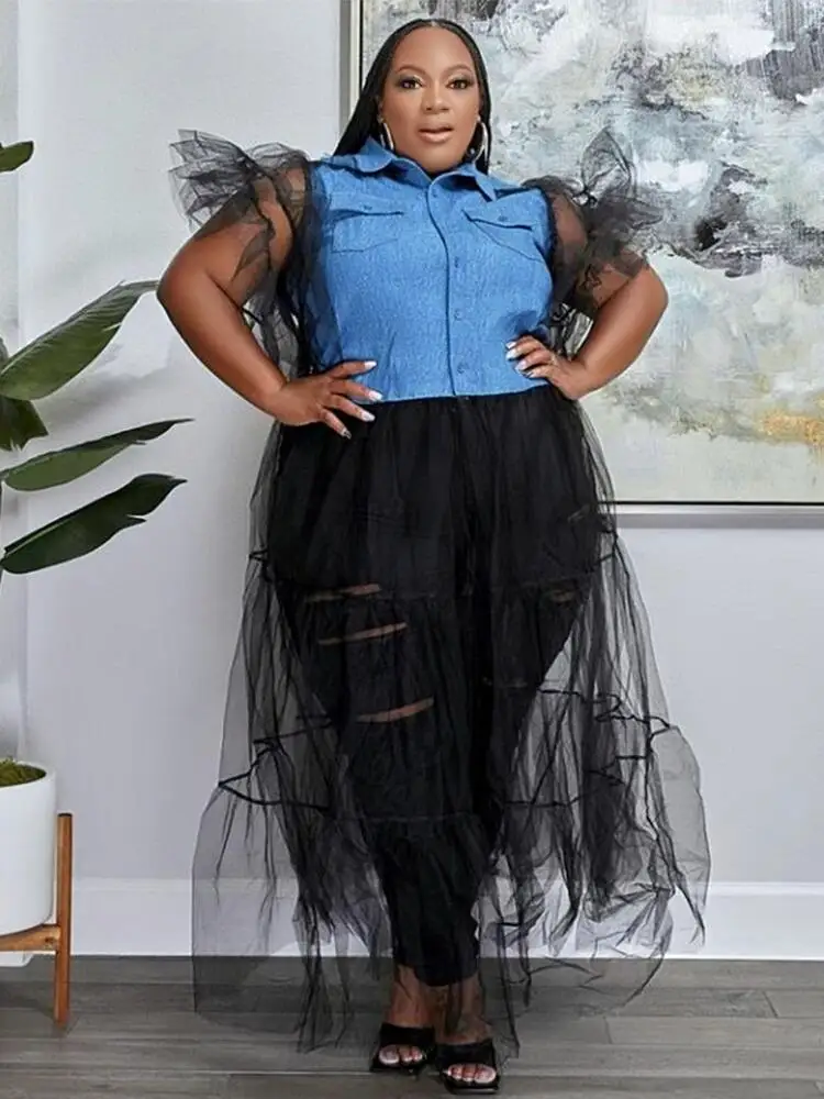 Summer Women Plus Size Clothing Large Size Dress Denim Patchwork Mesh Long Dress Short Sleeve Dress Shirt Wholesale Dropshipping