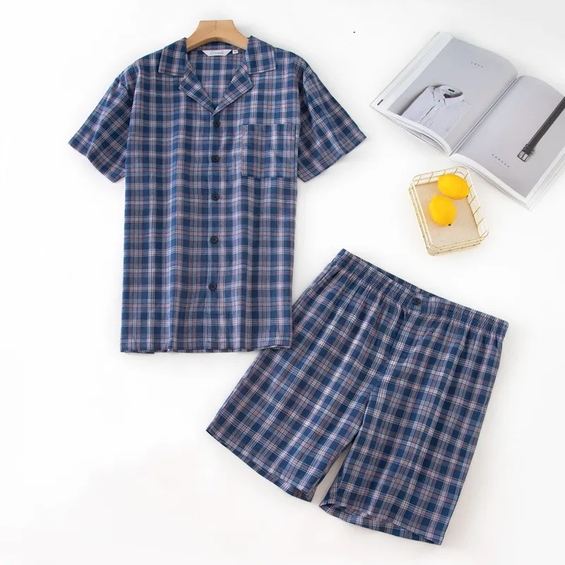 Plaid Pajamas Set Casual Sleepwear For Man Soft Pyjama Men's V-Neck Short Sleeve Shirt Shorts 100% Cotton Fashion Home Big Set