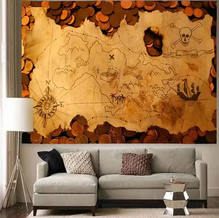 Гобелен с картой острова Симсанта винтажный пиратский знак сокровищ морской