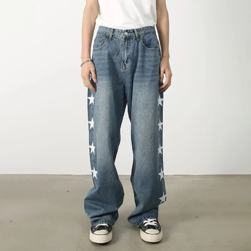 HOUZHOU Y2K Star Jeans Men Distressed Denim Wide Leg Trousers Hip Hip Harajuku Loose Casual Pants with Print Korean Streetwear