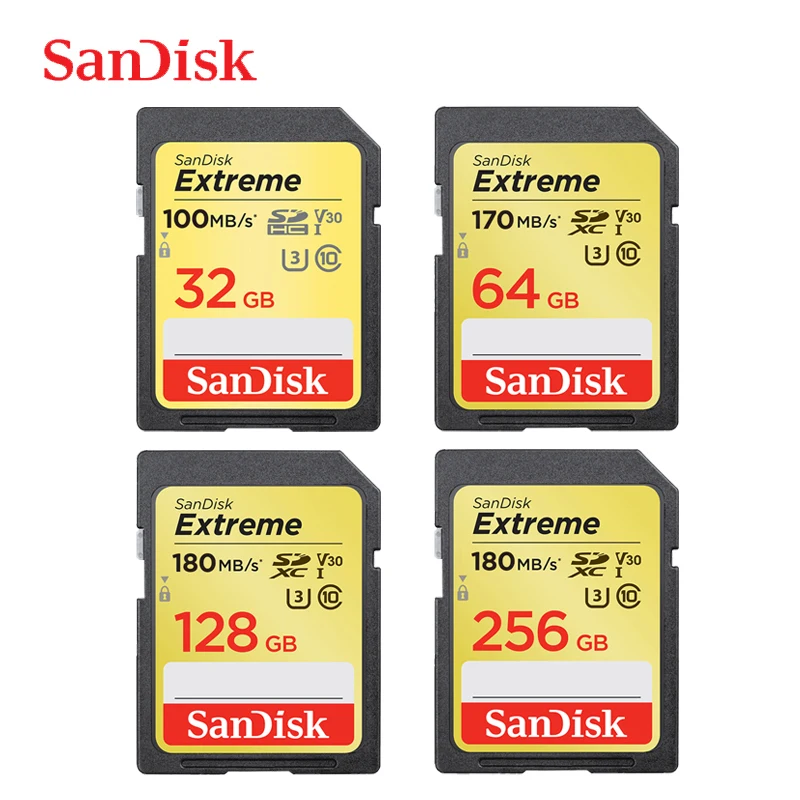 SanDisk Memory Card Extreme SD Card 4K UHD 32GB SDHC 64GB 128GB 256GB SDXC C10 U3 V30 up to 180M/s For 1080p 3D Full HD Camera