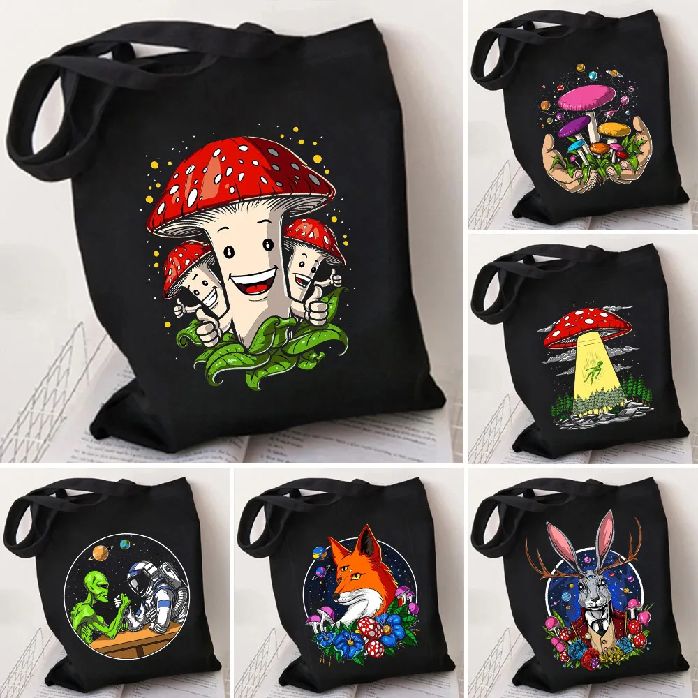 

Forest Magic Psychedelic Alien Stoner Hippie Skull Mushroom Space Astronaut Men Women Shoulder Shopper Canvas Totes Bag Handbags