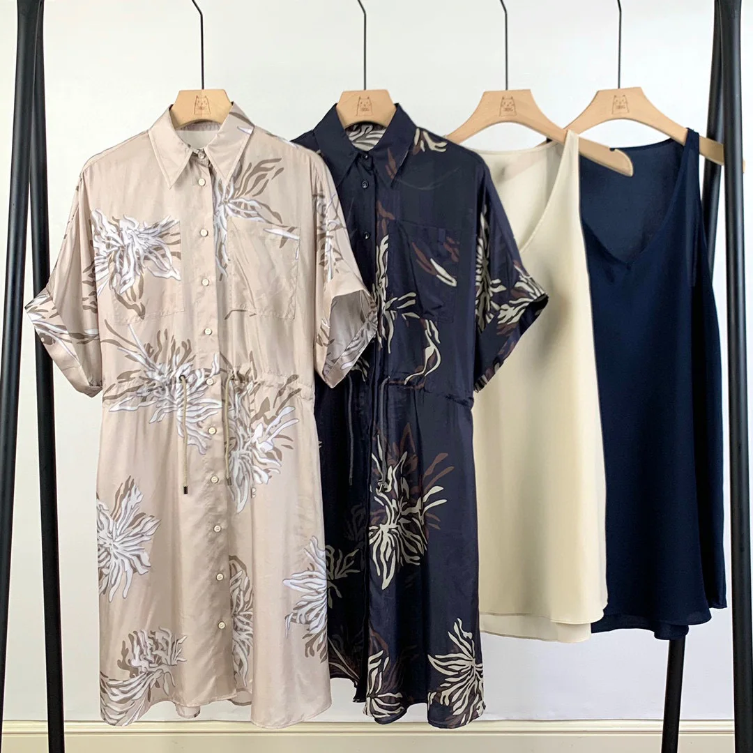 

Women Mini Dress Printed Lace Up Casual Shirt Robe