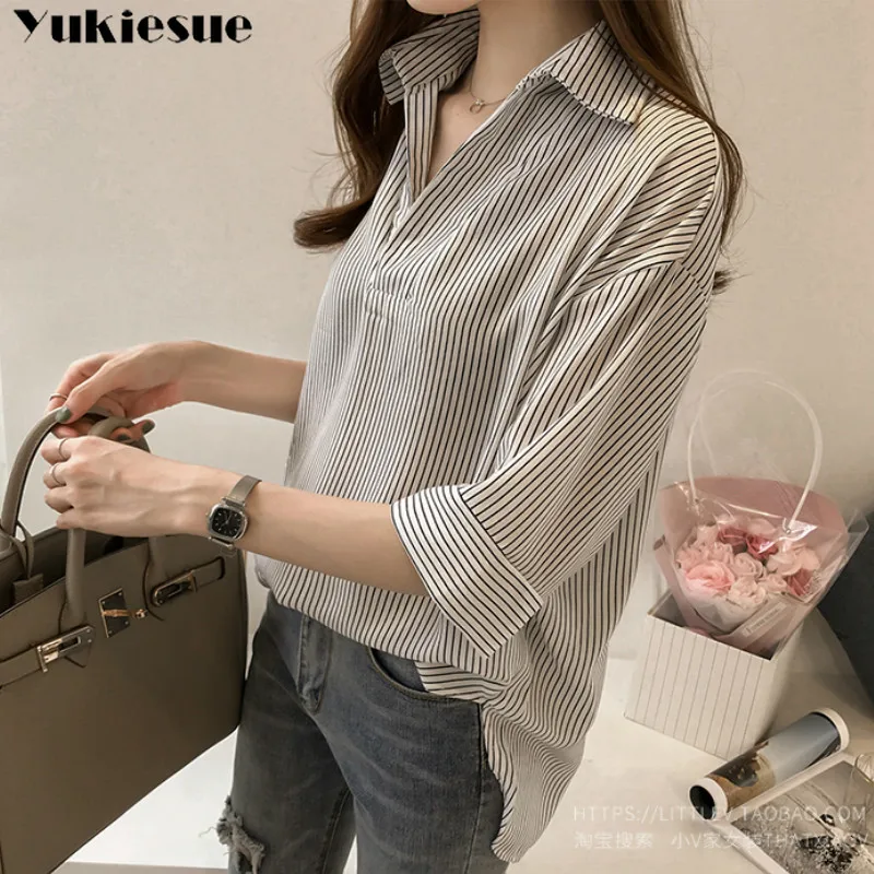 Блузка женская с V-образным вырезом модная рубашка в полоску топ и блузы