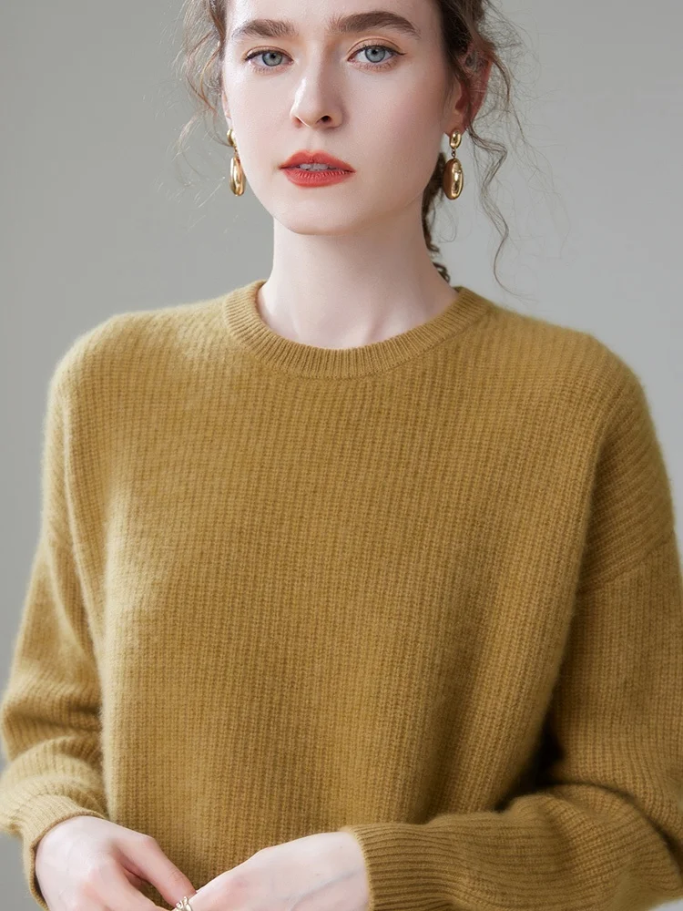 Утолщенный кашемировый свитер с заниженными плечами и круглым вырезом 100% чистый