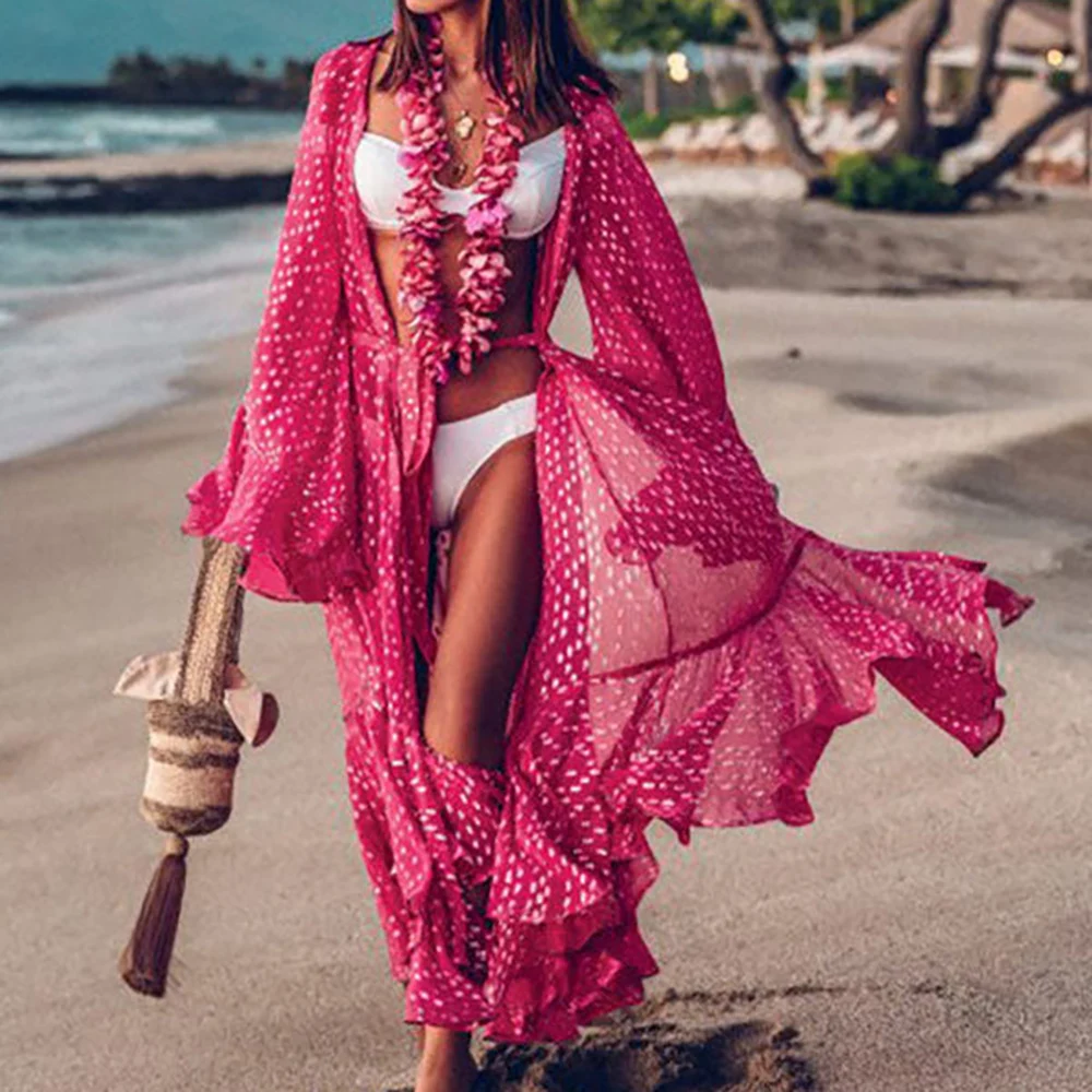 

Loose Chiffon Polka-dot Cardigan Maxi Dress One Piece Set Lace Up Cover-ups Beach Outfits for Women Ruffle Long Sleeve Swimsuits