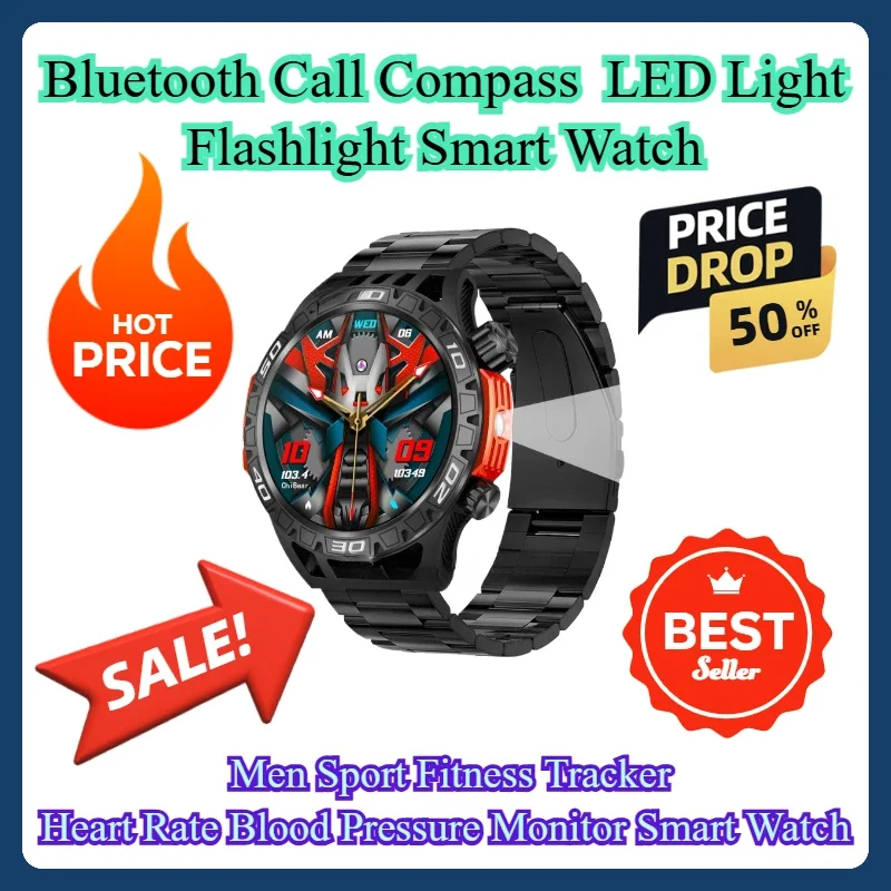 Bluetooth Call Компас Светодиодный фонарик Смарт-часы Мужчины Спорт Фитнес Монитор