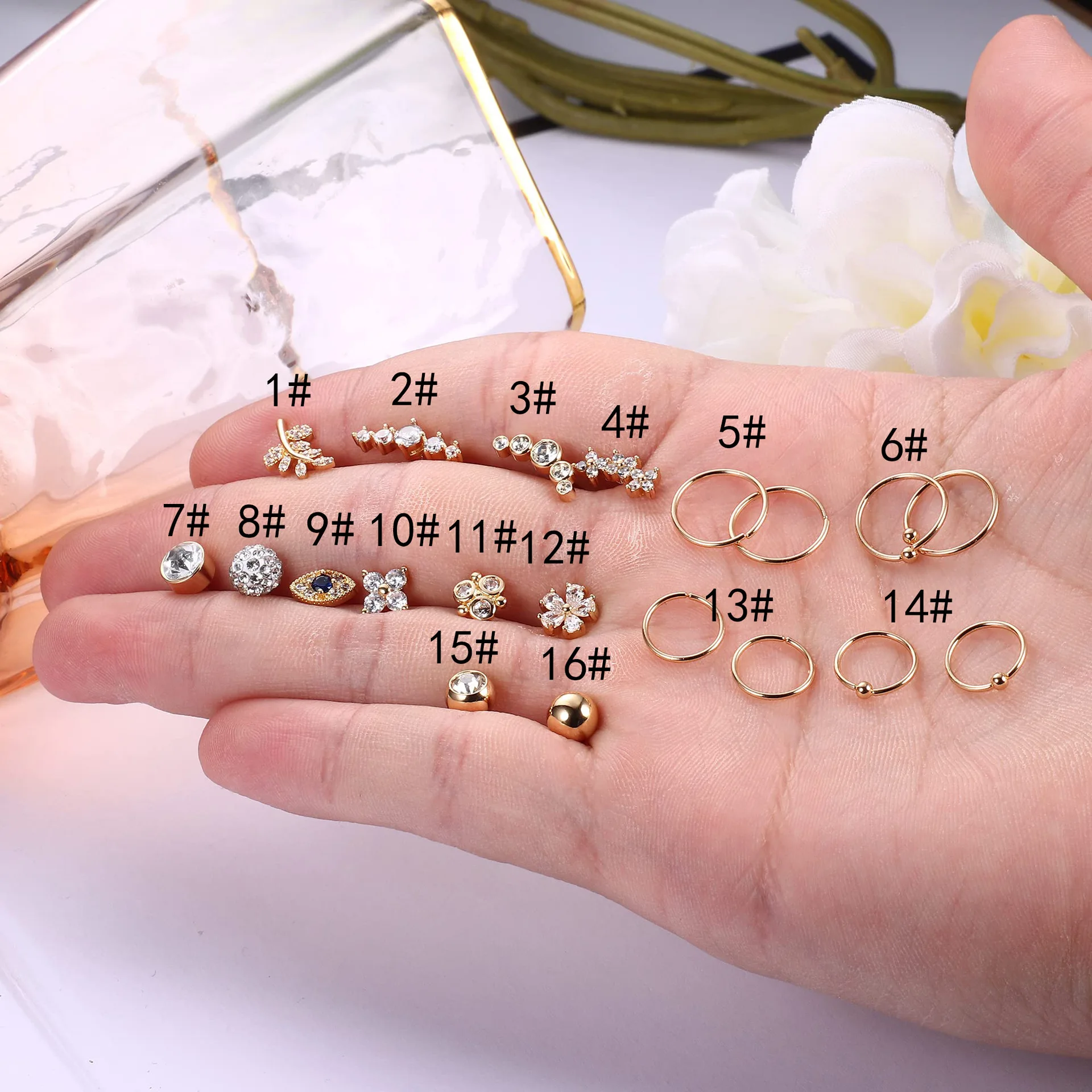 

Fashion Stainless Steel Cubic Zircon CZ Bar Flower Demon Evil Eye Leaf Stud Hoop Earrings Women Piercing Jewelry Women Gift