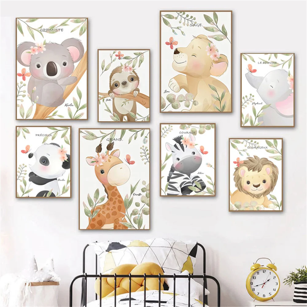 

Cute Animals Wall Art Canvas Painting Cartoon Giraffe Elephant Lion Jungle Posters Prints Nordic Wall Pictures Kids Room Decor