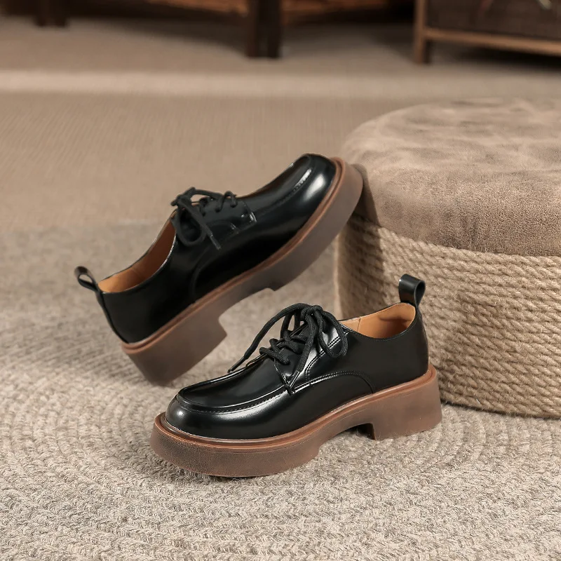 Platform Oxfords Loafers Women Lace Up Round Toe Eco-friendly Leather Shoes Mixed Color Casual Dress Ladies Shoes Handmade 4.5cm