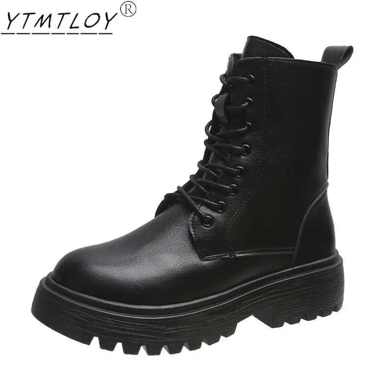 

2021 Spring Women's Fall Fashion Black Leather Platform Plus Velvet Goth Punk Fighting Chelsea Round Head Ytmtloy Botas De Mujer