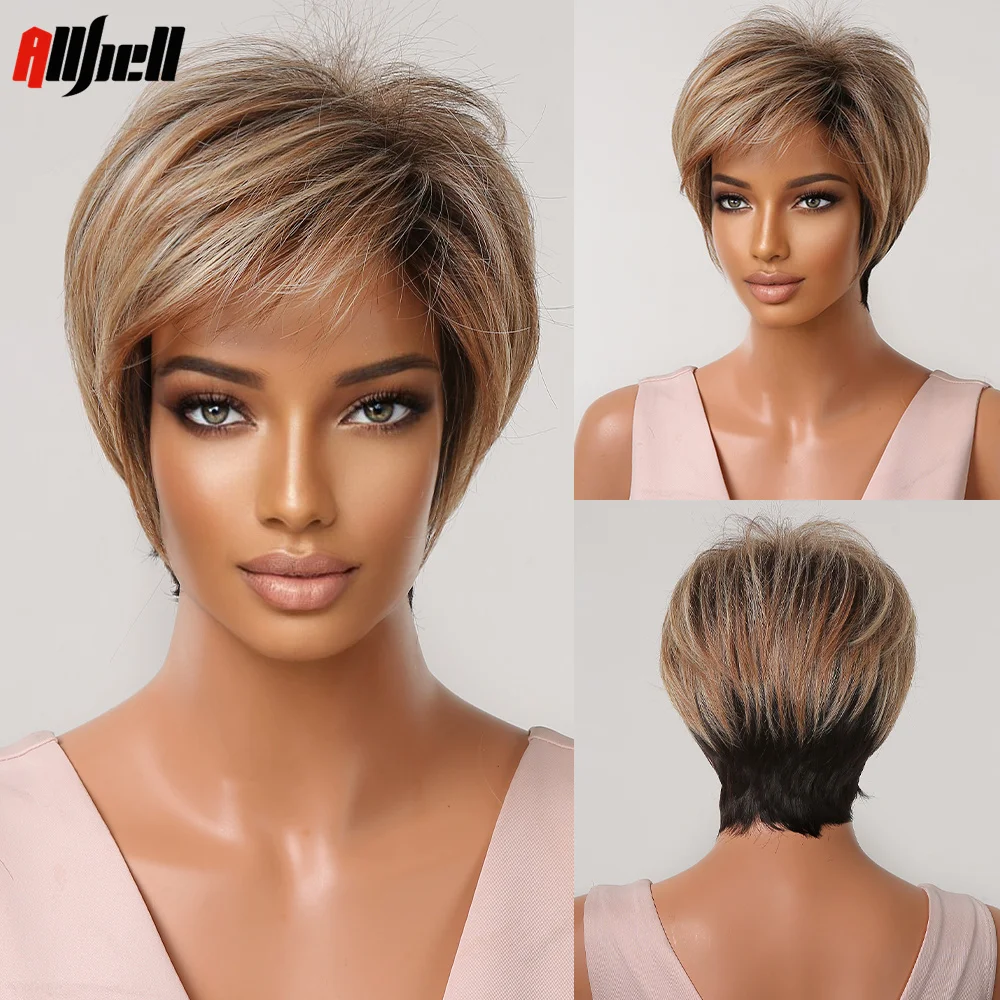 

Натуральный коричневый синтетический парик с боковой челкой смешанные светлые золотые короткие парики вырезанные челкой волосы для женщин афро Косплей термостойкие