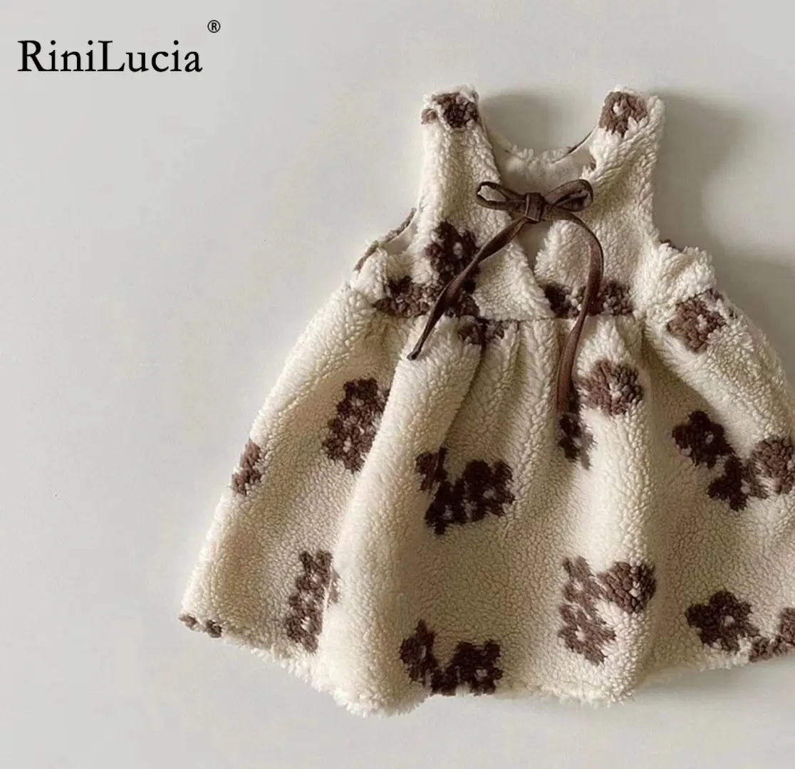 

RiniLucia 2022 Korean Style Autumn Clothes Baby Girl Winter Dresses Casual Fashion Warm Cute Bow Newborn Clothing Dress
