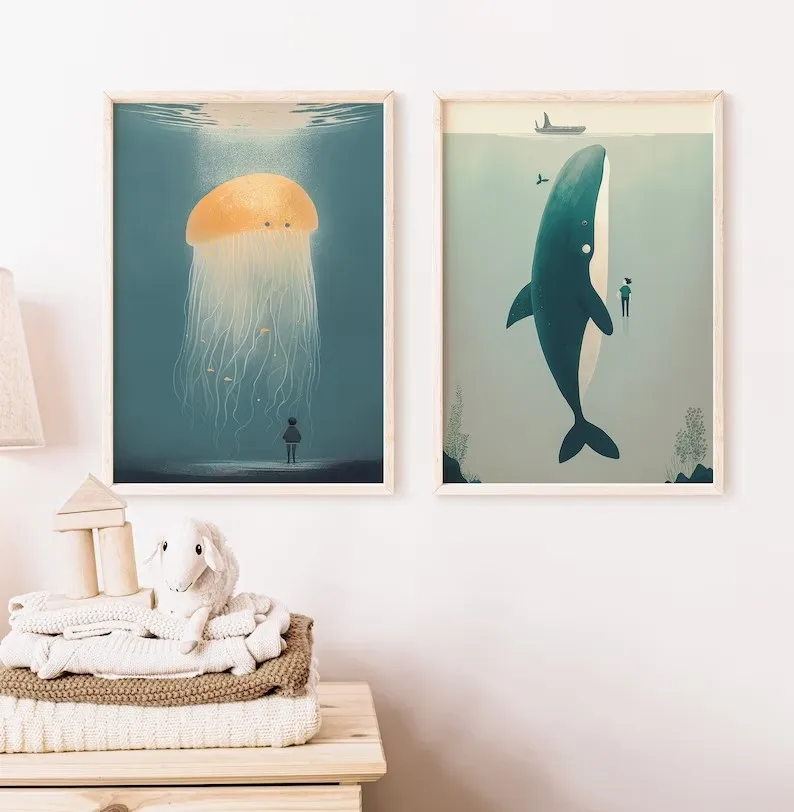 Абстрактный и минималистичный постер с иллюстрацией морской рыбы Кит осьминог