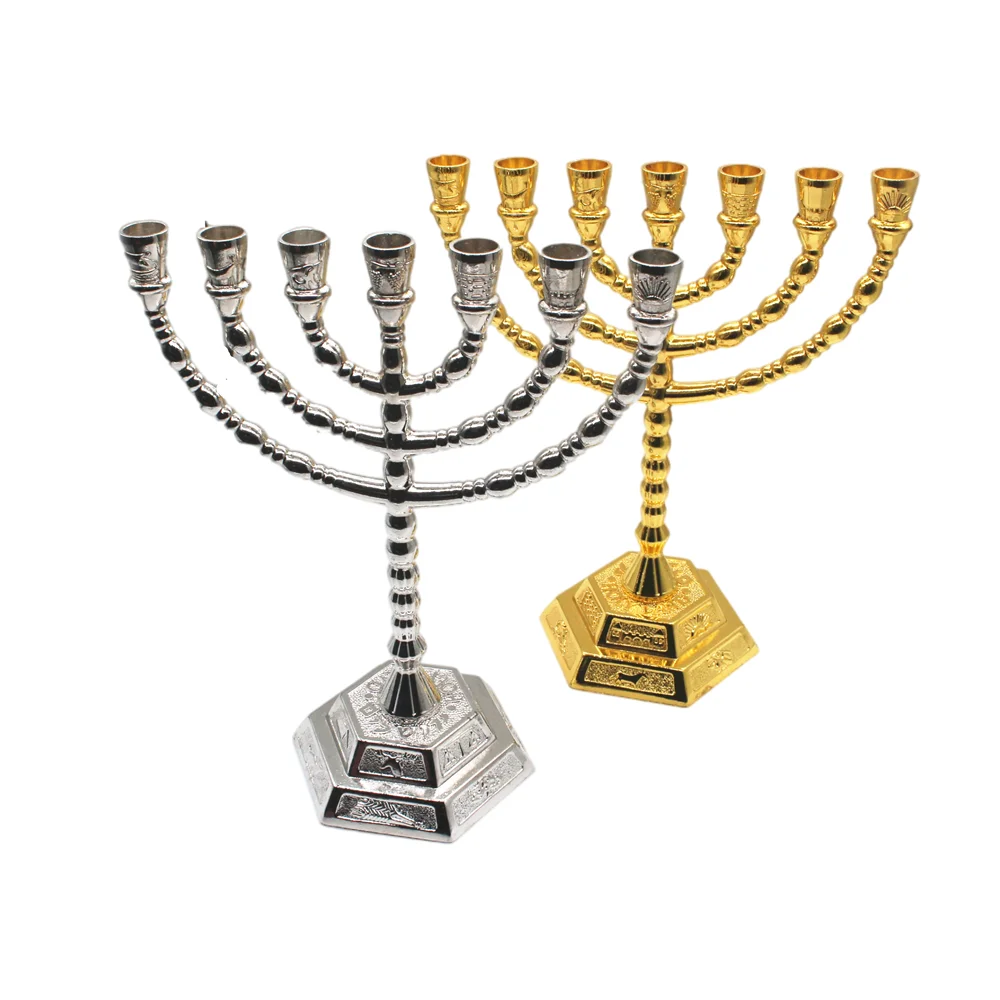 

Menorah Home Decoration Judaica Candle Holders Alloy Gold/Silver Candlestick Hanukkah 12 Tribes Decor 7 Branch Candelabra