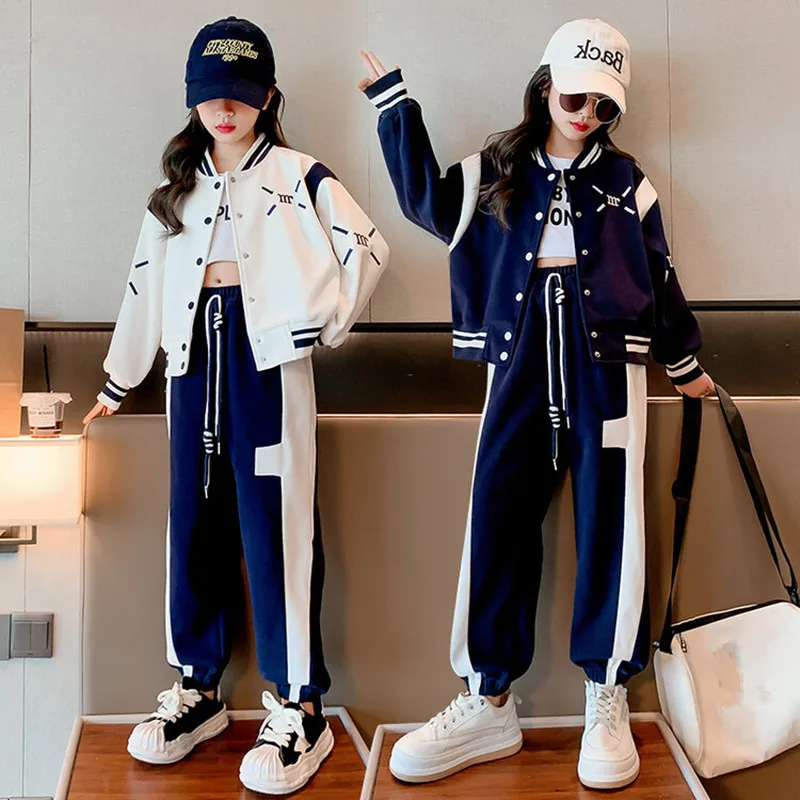 

Комплект одежды для девочек, демисезонный детский бейсбольный костюм, куртка + штаны, повседневная одежда для подростков, спортивный костюм, детская спортивная одежда с длинным рукавом