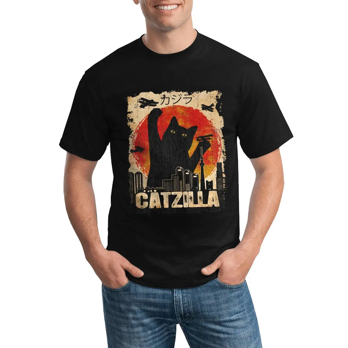 

Vintage Catzilla Funny Black Cat T Shirt vintage funny cat owner sunset Fashion 100% Cotton T Shirts Crewneck Print Casual Tops