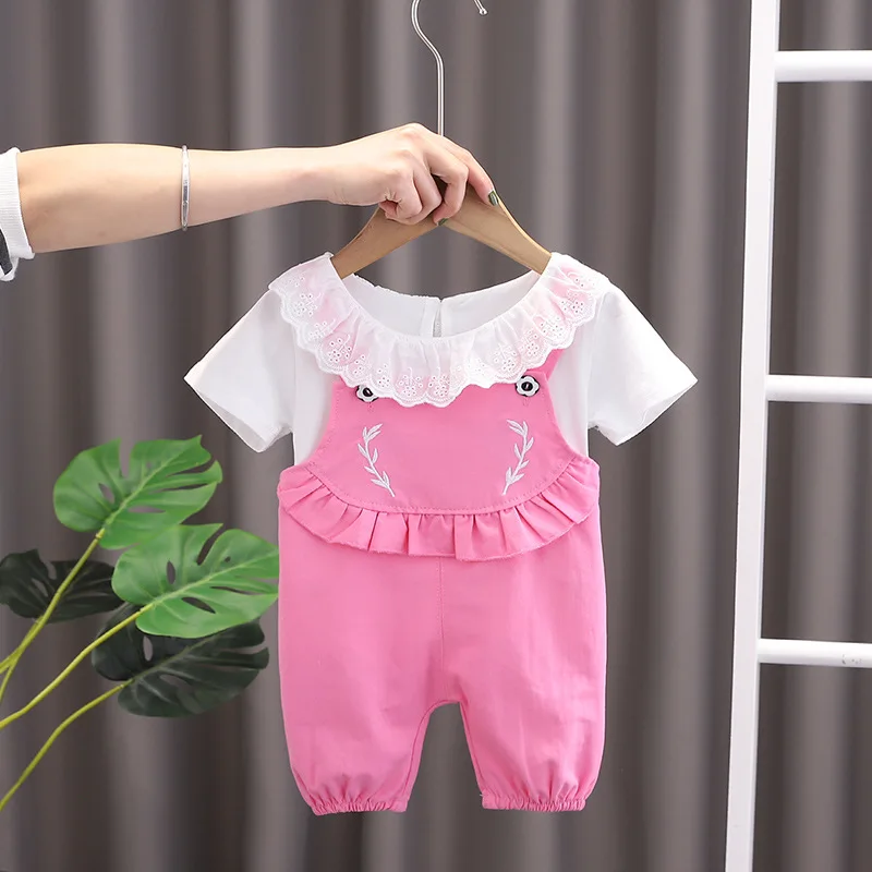 

Summer Baby Girl 2-piece Suit Fashion Children Clothing Kids Lace Doll Collar Tops Baby Printing Rompers Infant Clothes Sets