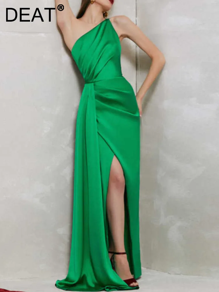 

[DEAT] 2023 Summer New Fashion Solid Color Sleeveless Floor-length High Waist Asymmetric Collar High Quality Dress Women 13C856