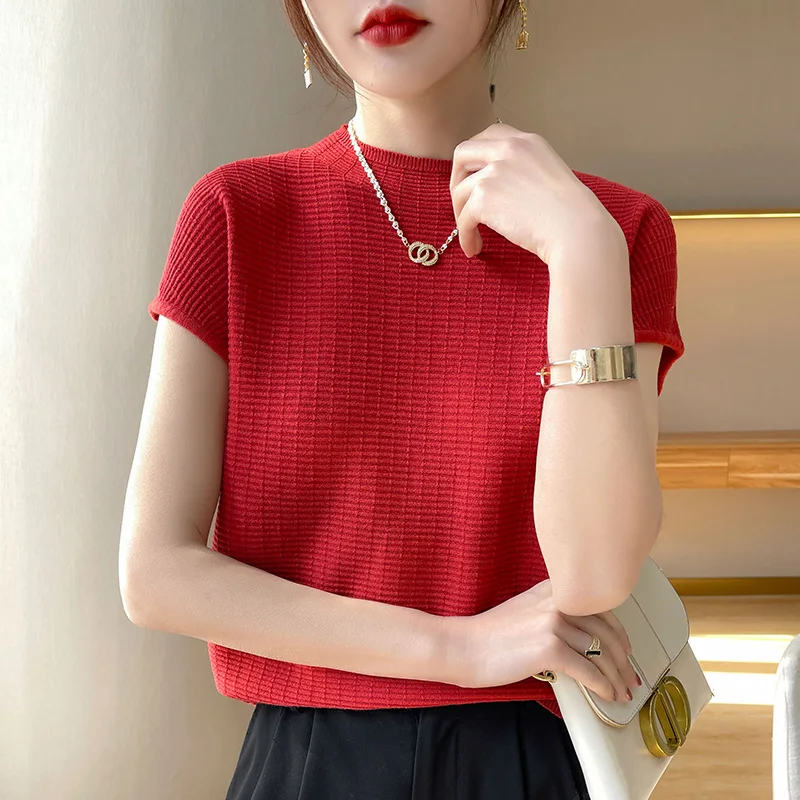 Женская трикотажная футболка с коротким рукавом и высоким воротником тонкий