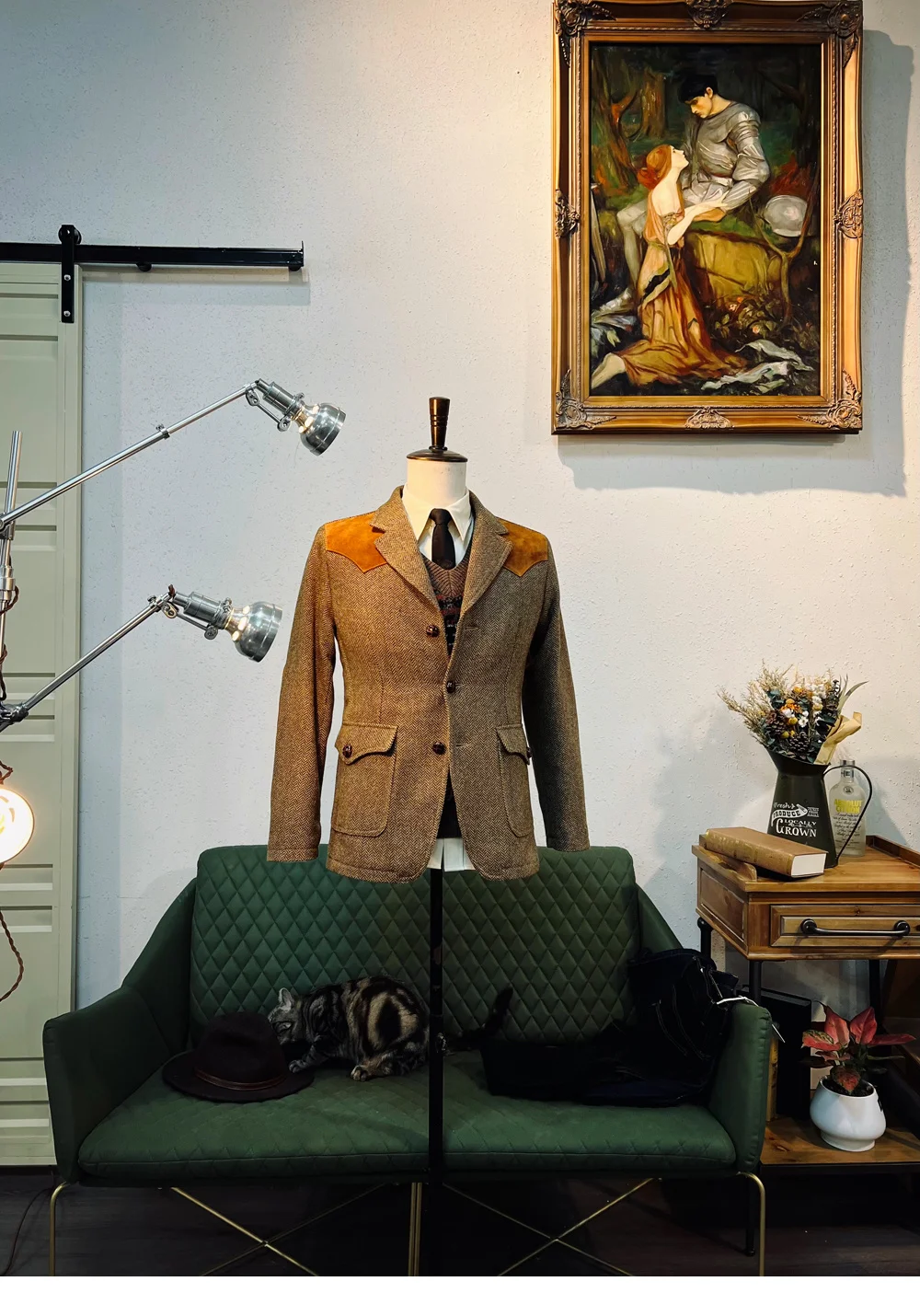 

Korean Tailor Brando 50% Wool Herringbone Tweed & ltalian Montebello Cowhide American Retro Suit